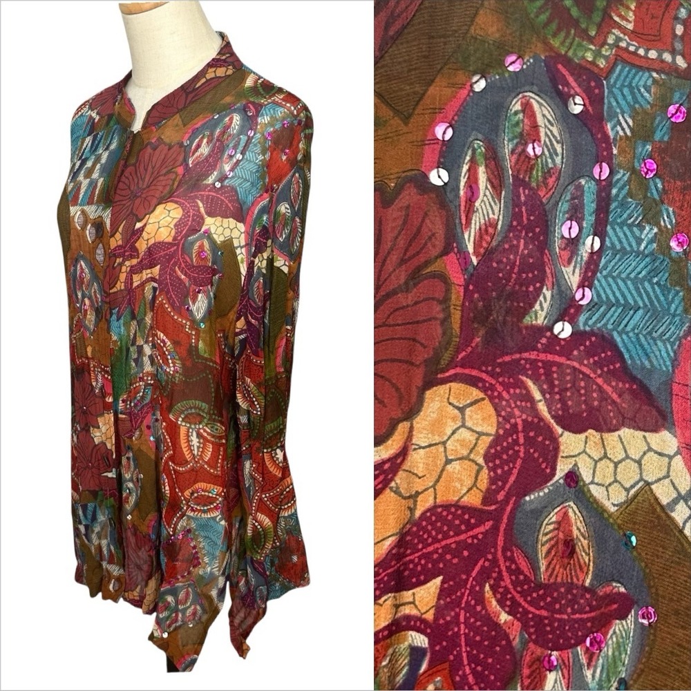 Vtg Boho Semi Sheer Tunic Top Sz XL Maximalist Statement Artsy‎ Flowy Sequin